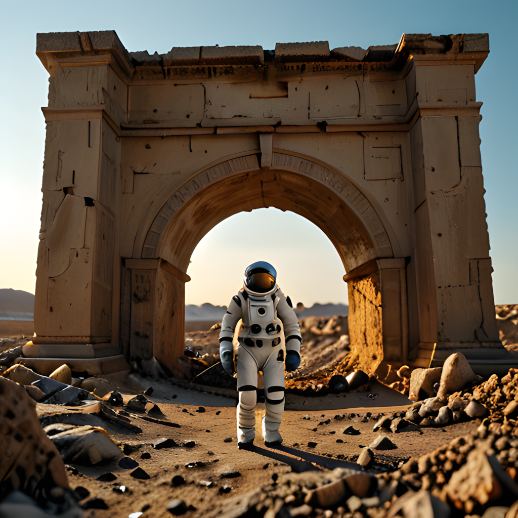 Astronaut Figure with Ancient Architecture