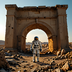 Astronaut Figure with Ancient Architecture